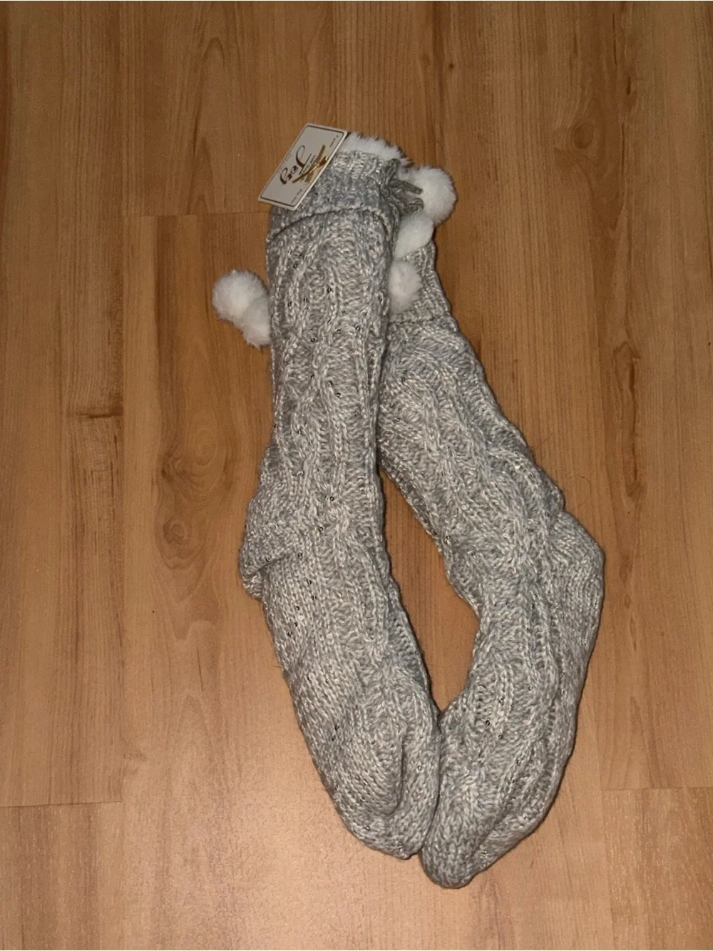 Cozy Cable Knit Boot Socks with Pom Poms - Light Gray